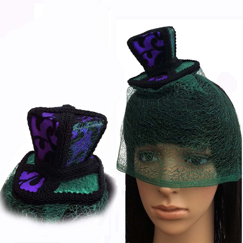 Mini Square Top Hat in Iridescent Green and Purple Brocade with Cob Web Veil