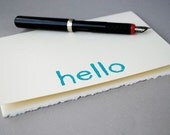 Blank Notecard - Hello Greeting Card - Turquoise on Ivory - 5 x 7 inches