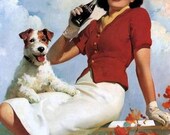 Free US shipping Stylish Handprinted Cotton Art Reproduction Applique Vintage Coca-Cola Lady with Dog Advertisement