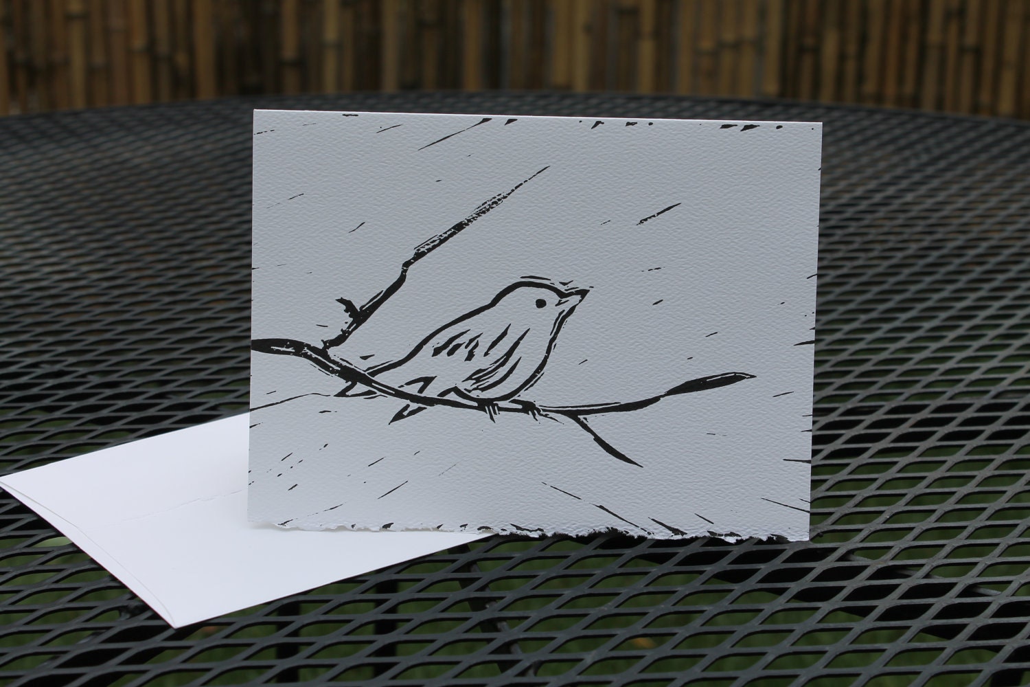 Linocut Card of a Bird on a Branch