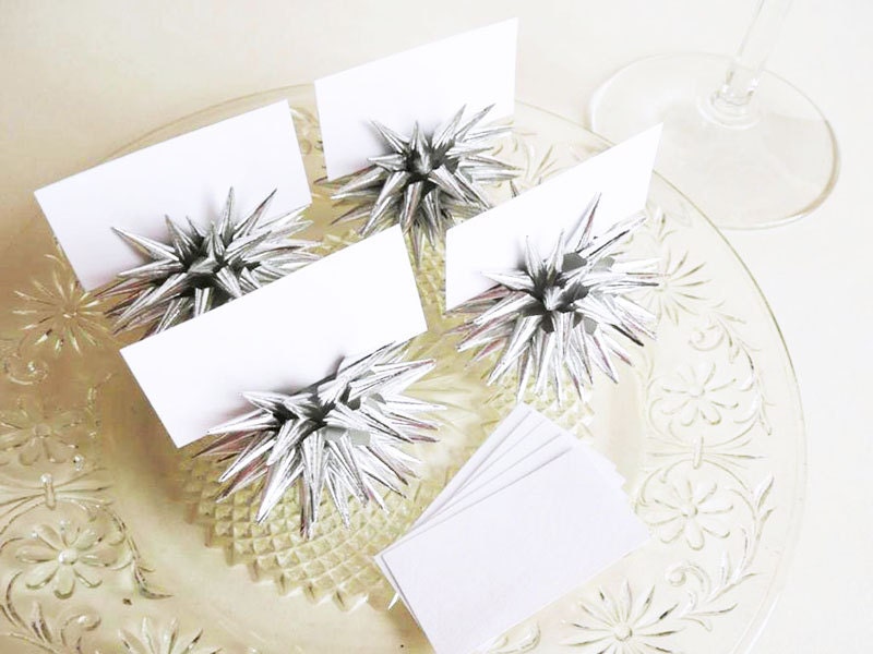 Handmade Sterling Silver Paper Place Card Holders Party Favors Mini Star Urchin Ornaments individually boxed - Set of Four 2 inch