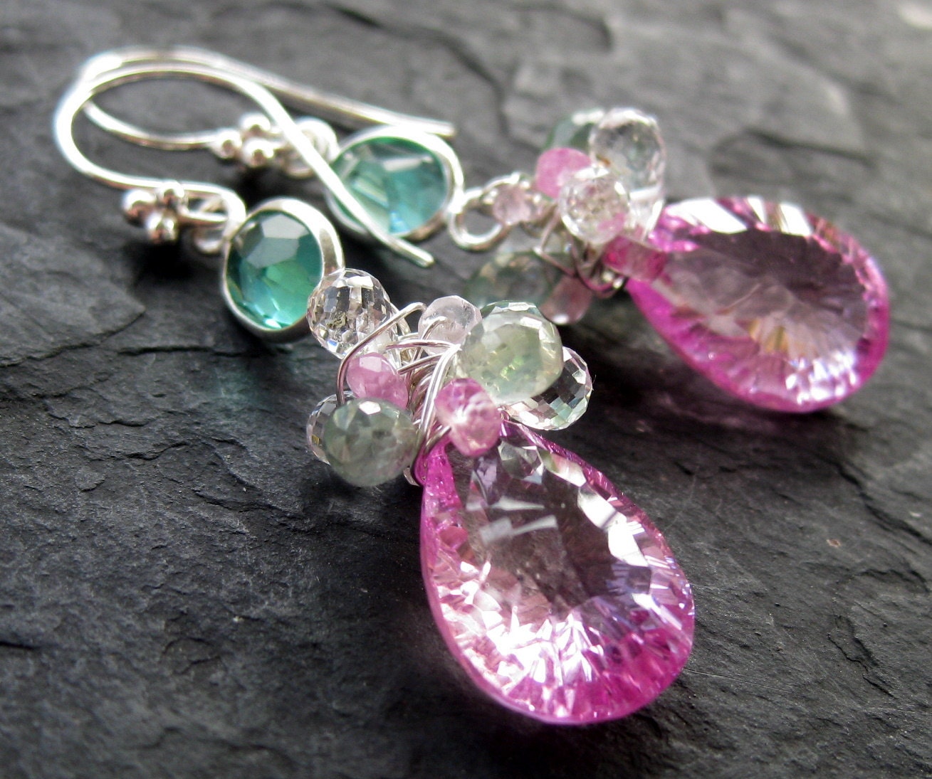 Pink sapphire earrings, white topaz, sea green quartz, sterling silver