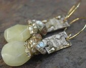 Honey Drops, Brass, Seed beads, Sunstone, Pearls, and Bronze Clay earrings, ThePurpleLilyDesigns