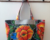 Beth's Large Black Tehuana flower power with exterior pockets Oilcloth Tote Bag