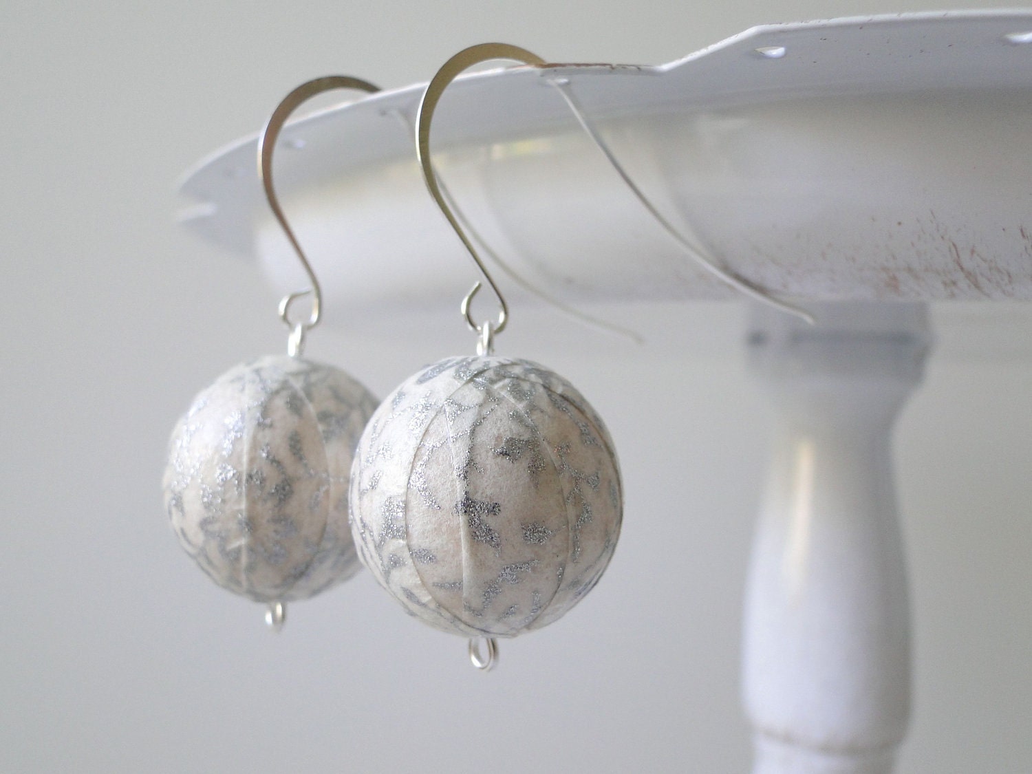Bride Chiyogami Earrings white and silver Long Silver Hooks