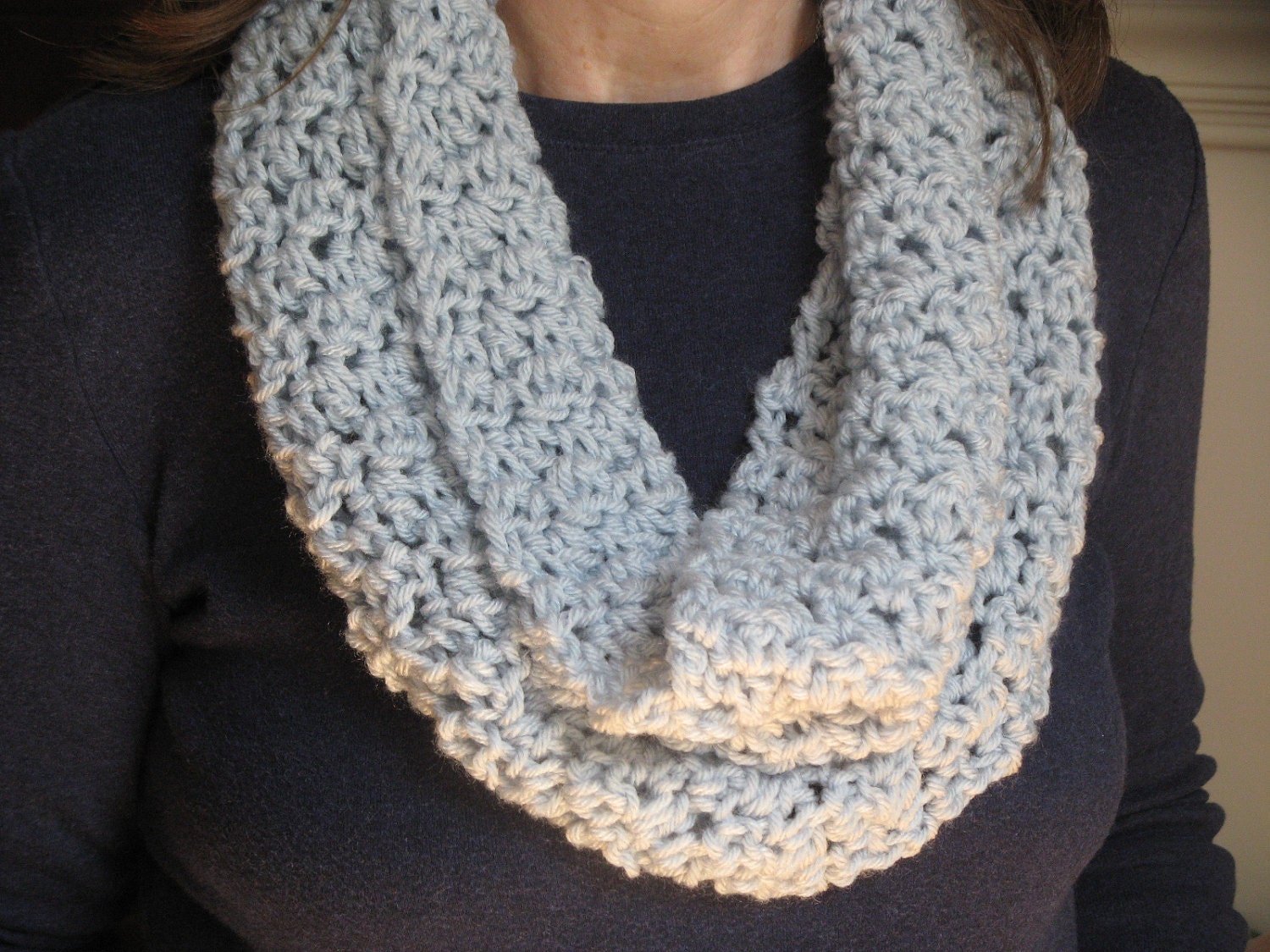 Blue Gray Infinity Cowl Scarf Crochet Neck Warmer