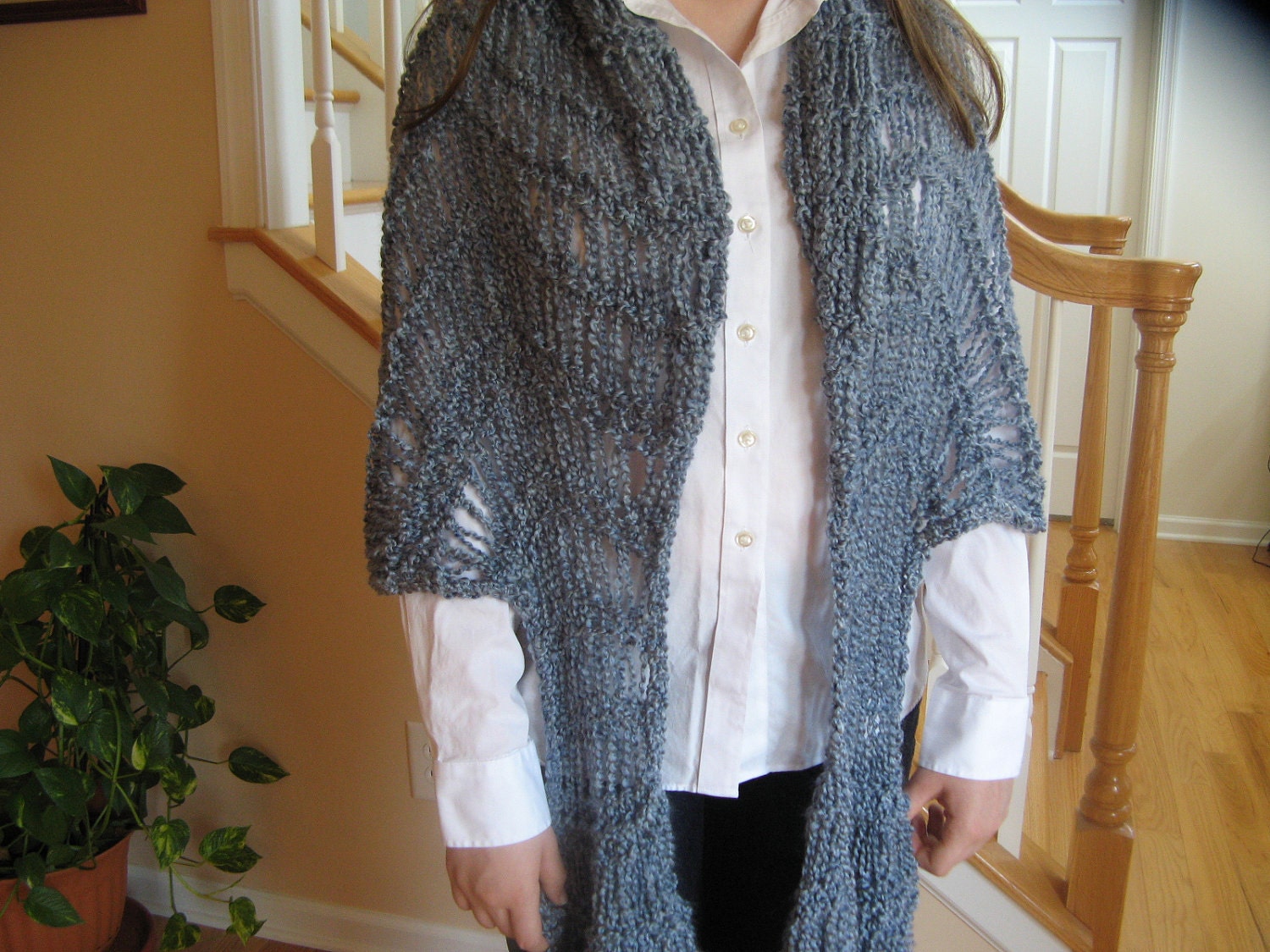 Scarf Wrap Shawl Blue Chunky Soft Versatile Hand Knit
