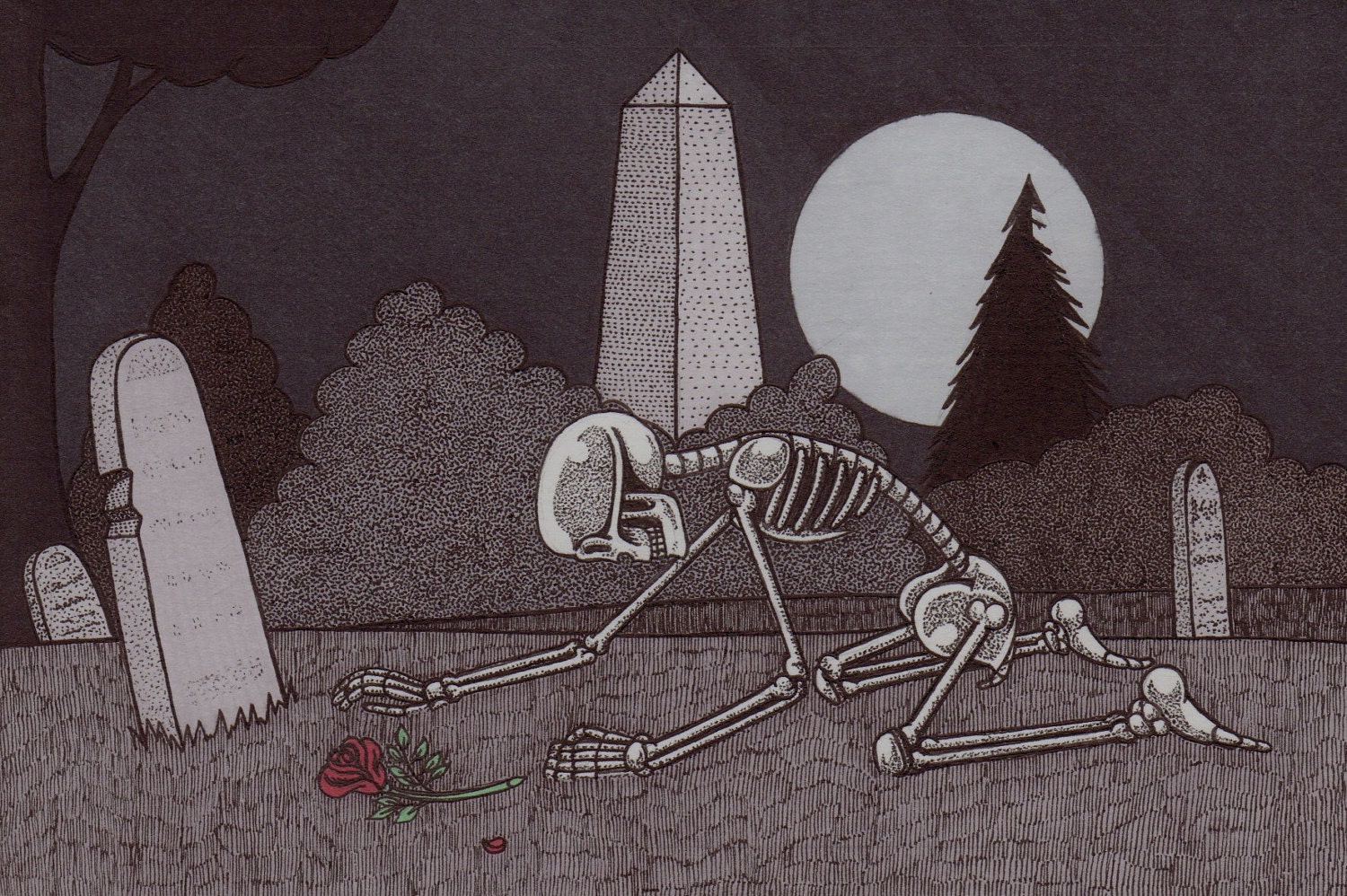 A Sad Skeleton rose Graveyard 4x6 Ink Drawing art