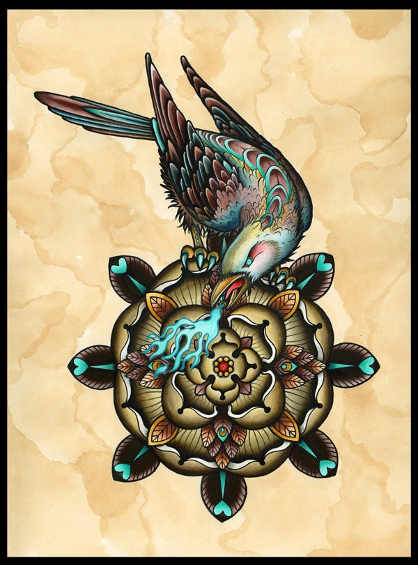 Brown Rose Bird - Tattoo Flash - Print