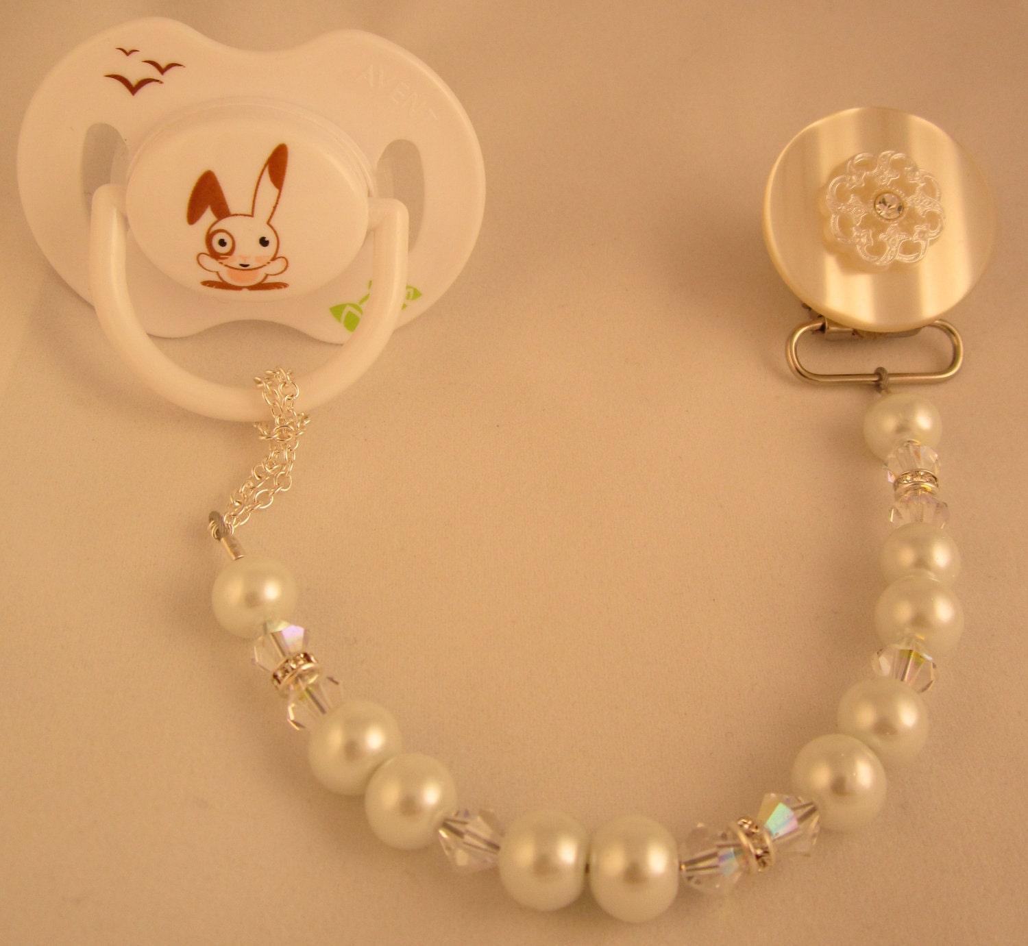 White Lacy Flower Pacifier clip with Stunning Pearls and Crystals