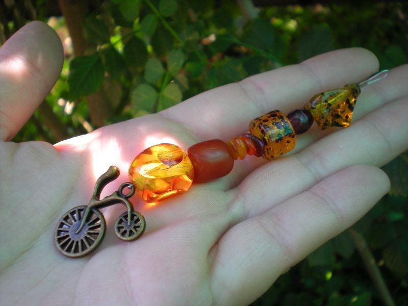 Antiqued Bicycle Earth Tone (Ambers) Beaded Hair Accessory (Part Two of Two Step Process Hair Sticks)