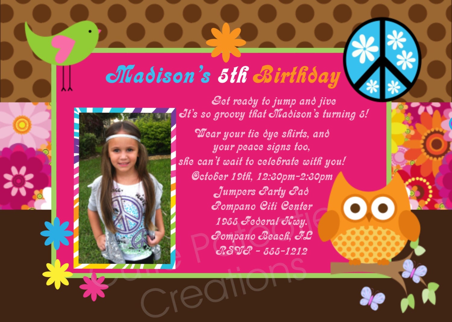 Hippie Chick Birthday Invitation Peace Love Owl Birthday Invitation Retro Hippie Chick Birthday Invitation Printable Girl or Teen