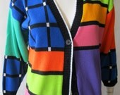 early 1990's color block happy bright v neck cardigan, OSFM