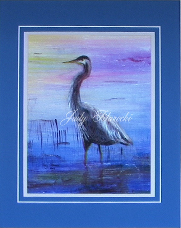 Blue Heron Bird Print Matted to 16 x 20 Judy Filarecki