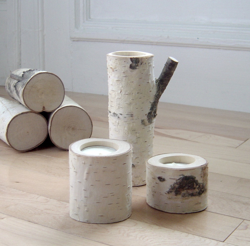 natural white birch wood candle holders - set of 3