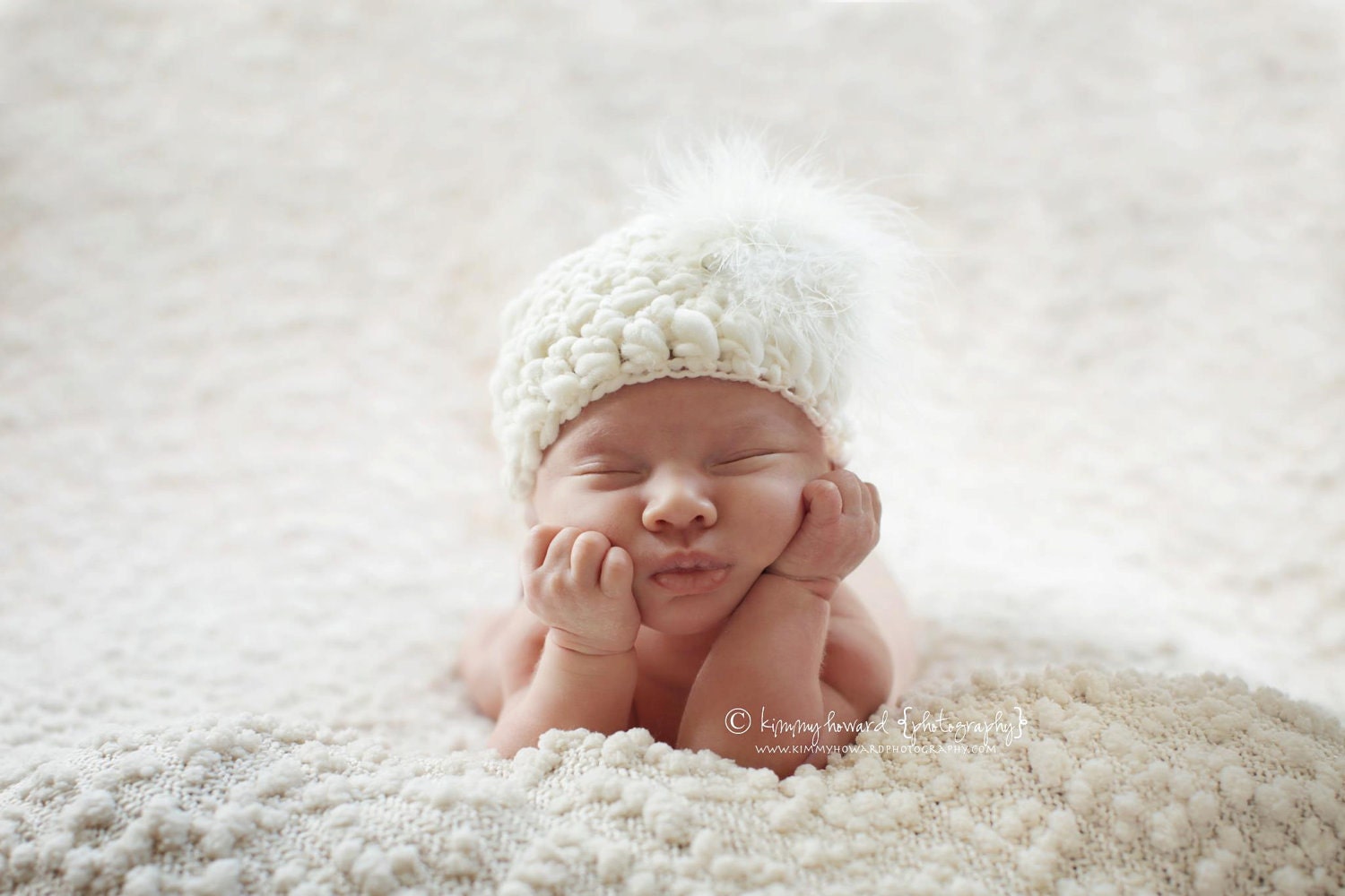 Baby Girls Hat Maribou Pouf Crochet Cream Thick Thin Yarn Newborn Photo Prop