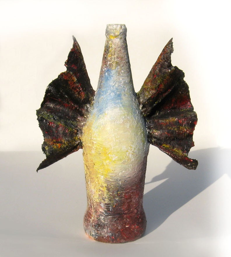 Original painted sculpture, repurposed bottle, candleholder, SPREAD YOUR WINGS - AnnaAniela