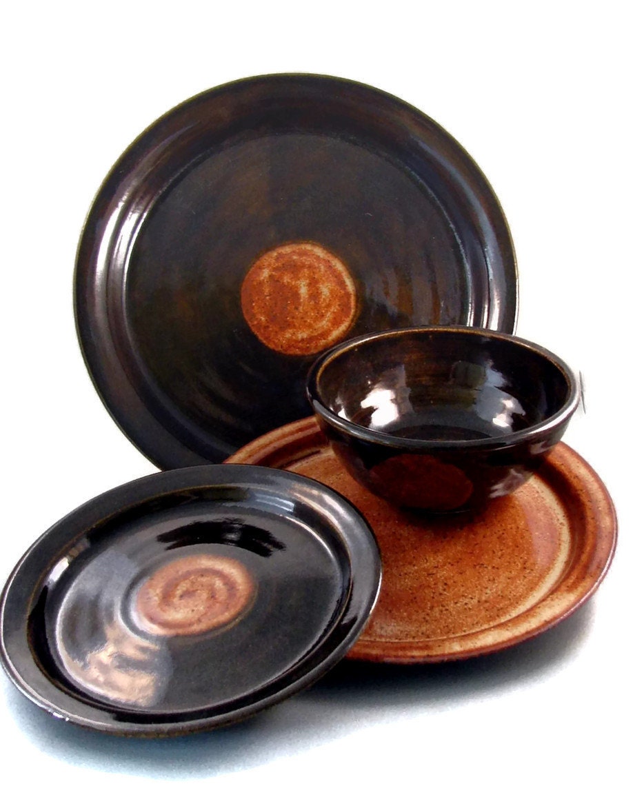 Ceramic Dinnerware Sets - Dinner Plates and Bowls - Custom Made for You - Stoneware Clay Wheel Thrown Pottery / Espresso Sunrise Series