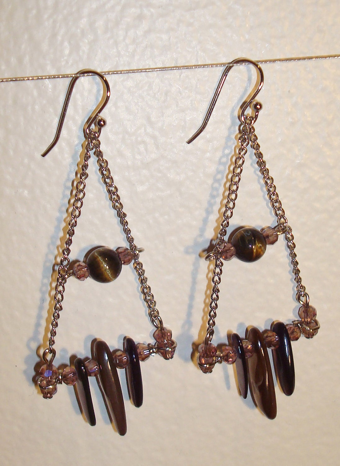 Beaded triangle silver chain earrings with beads and crystals