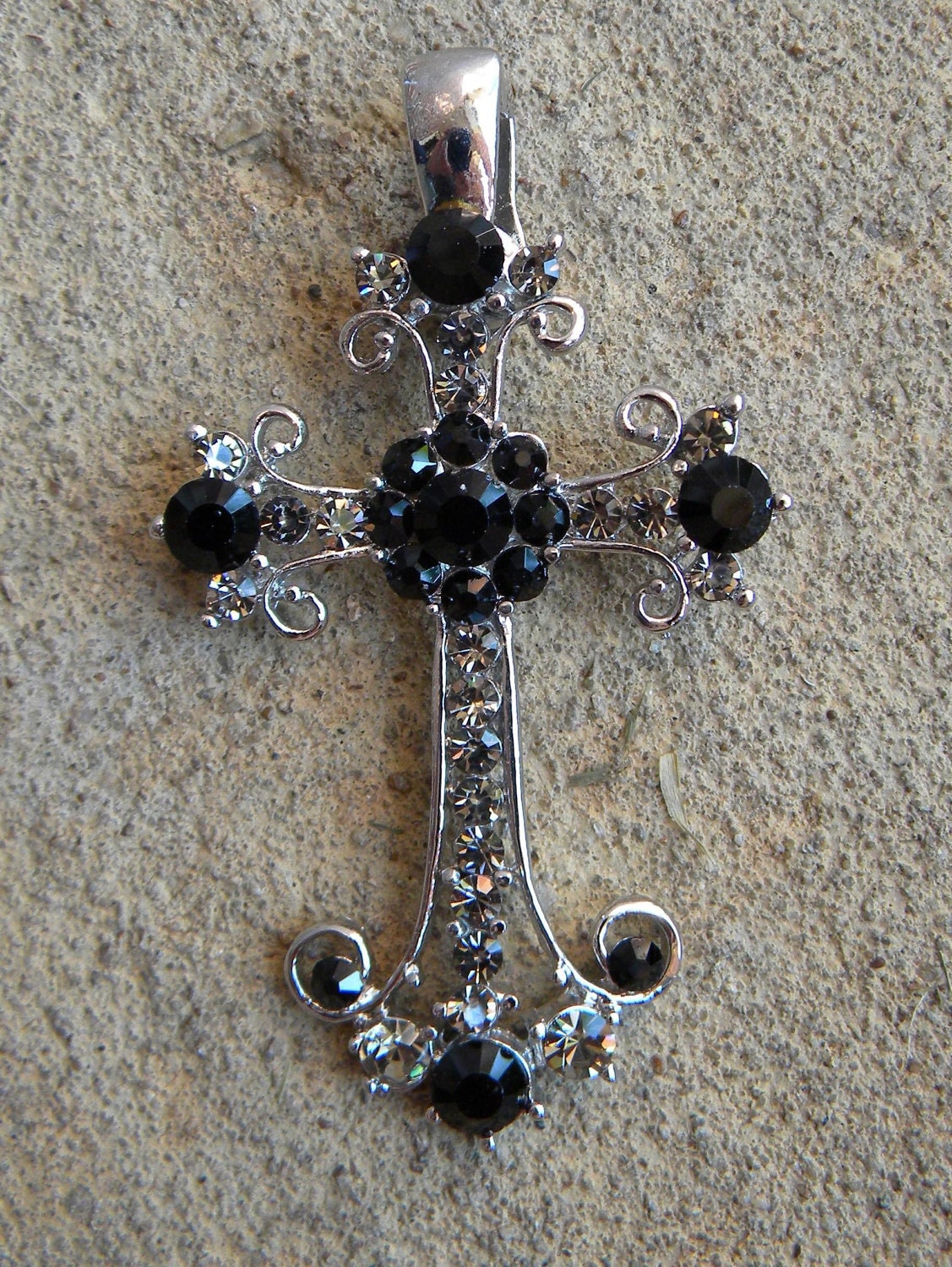 Silver Cross with Black and Smokey Rhinestone Pendant