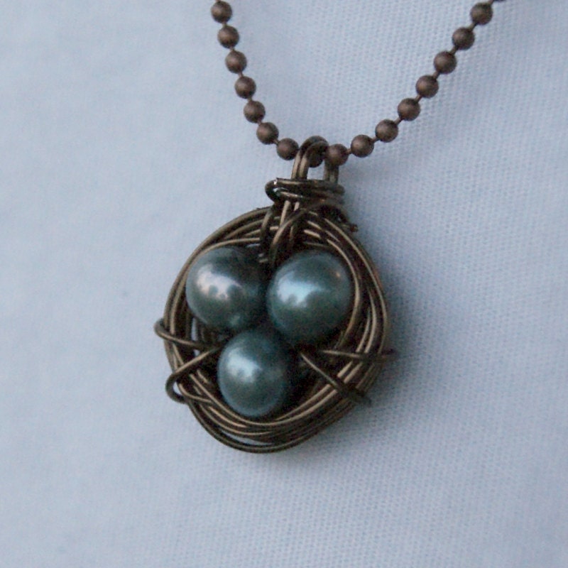 Vintaj Brass Bird Nest Necklace with Blue Freshwater Pearls