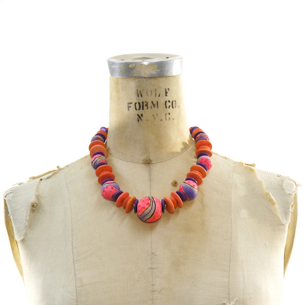 SALE Painted Meteor 1980's Wooden Bead Necklace Painted in Neons