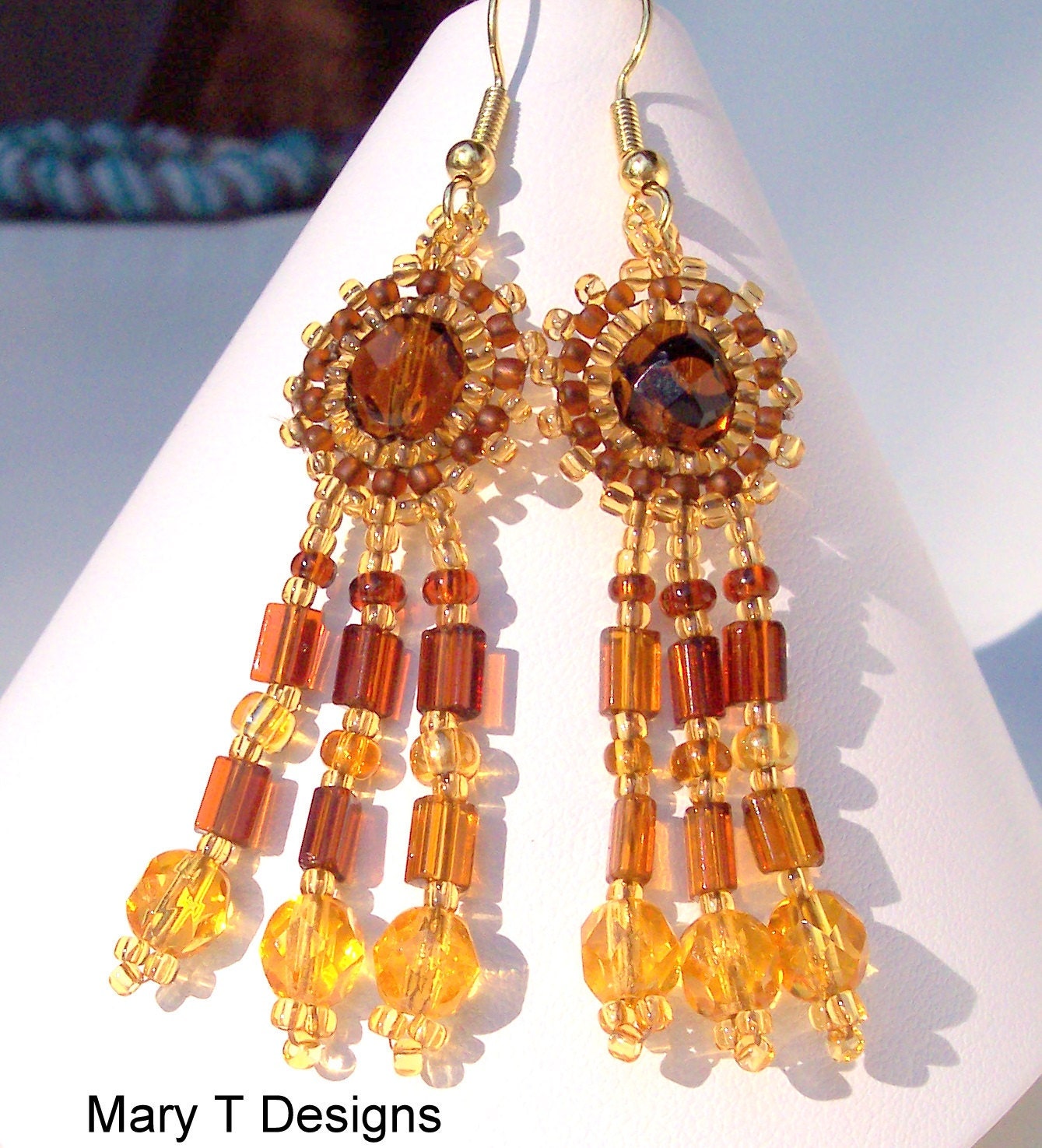 SALE - Topaz and Brown Dangle Beadwoven Earrings