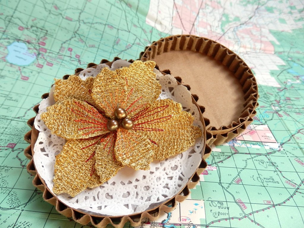 Flower of Golden Thread Embroidery to Clip in Hair or Scarf