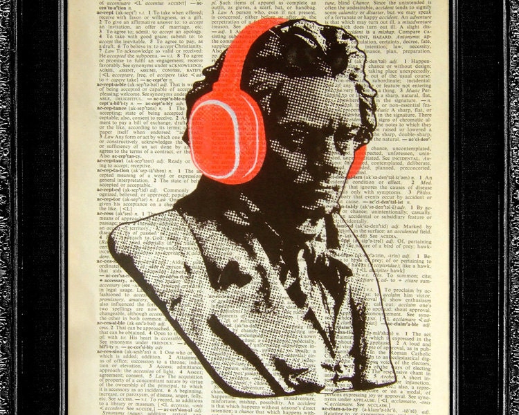 Music Print - Beethoven in Headphones - ORIGINAL ARTWORK Hand Painted on Upcycled Dictionary Page Upcycled Book Art Upcycled Art Print