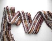 Crocheted long scarf. Earth tones with a long fringe. Multifiber striped neckwarmer. OOAK.