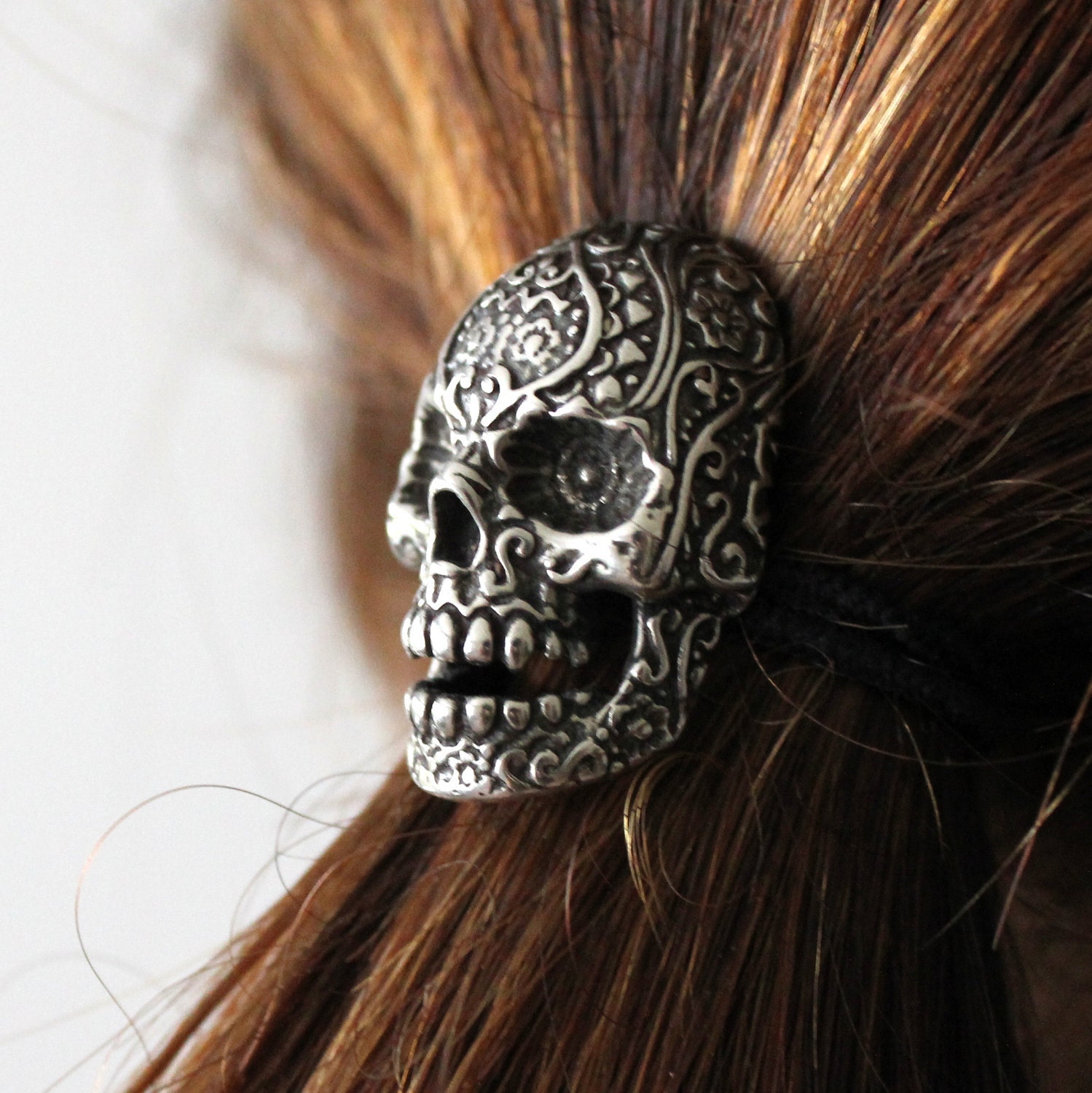 Sugar Skull Ponytail holder in Oxidized Silver Tone White Bronze