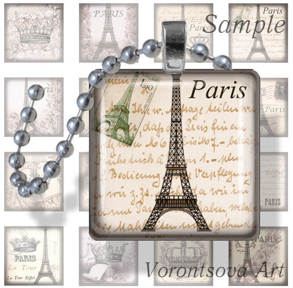 Paris ivory Shabby Chic Crown Eiffel tower 1.5x 1.5 inch square tiles. Digital Collage Image sheet scrabble tiles for pendants. 3095
