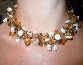 Hand Knitted Wire Necklace filled with Golden Crystals, Keshi Freshwater Pearls and Tigers Eye Truly Lovely
