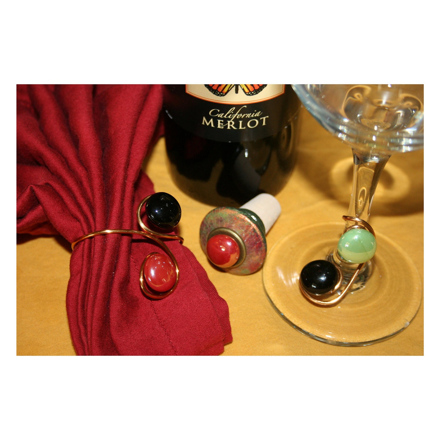 6 Copper Napkin Ring Holders, 6 Wine Charm and 1 Crackle Wine Stopper- You Choose Glass Bead Colors