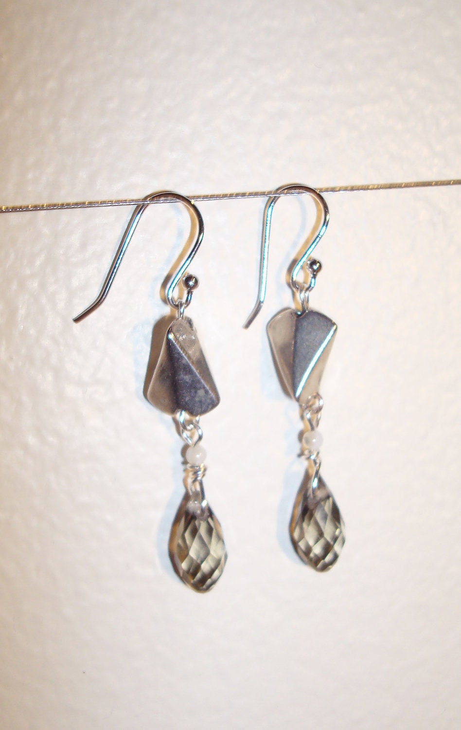 Simple silver Art Deco drop earrings with smokey crystals