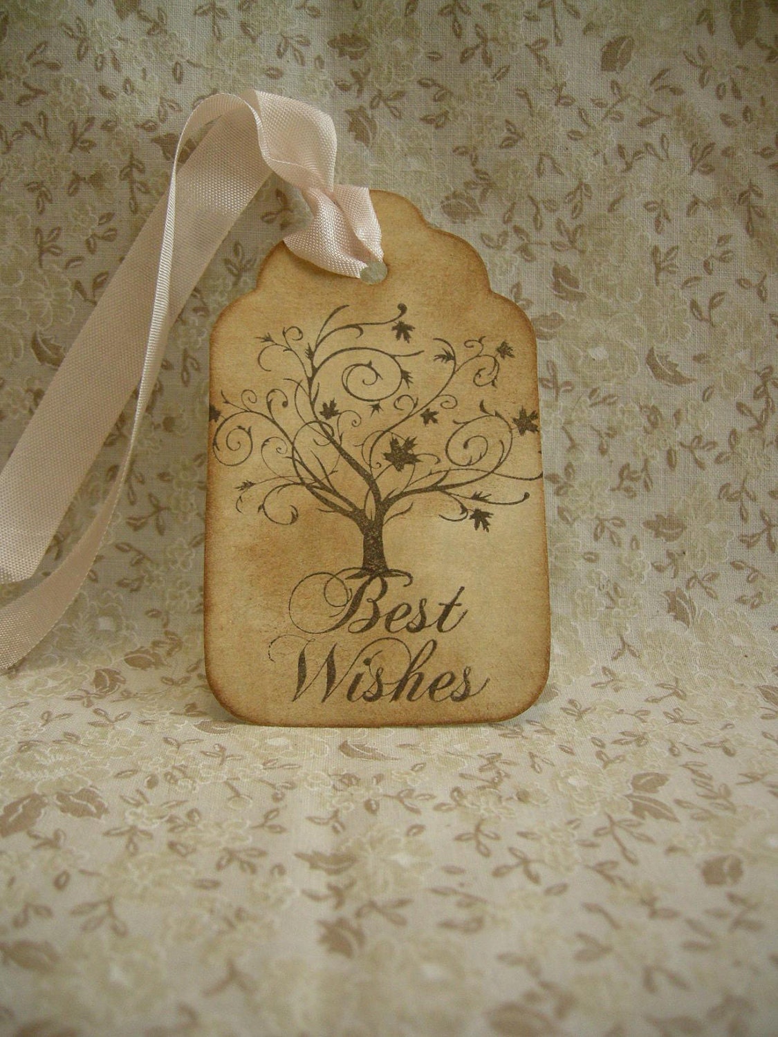 Vintage Style Best Wishes Gift Tag with Decorative Fall Tree - Wedding Wish Tag - flourish tree, leaf, tim holtz - Set of 5