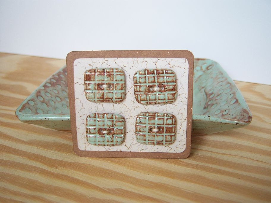 Textured Grid Stoneware Buttons in Pistachio Shino Glaze - Set of 4