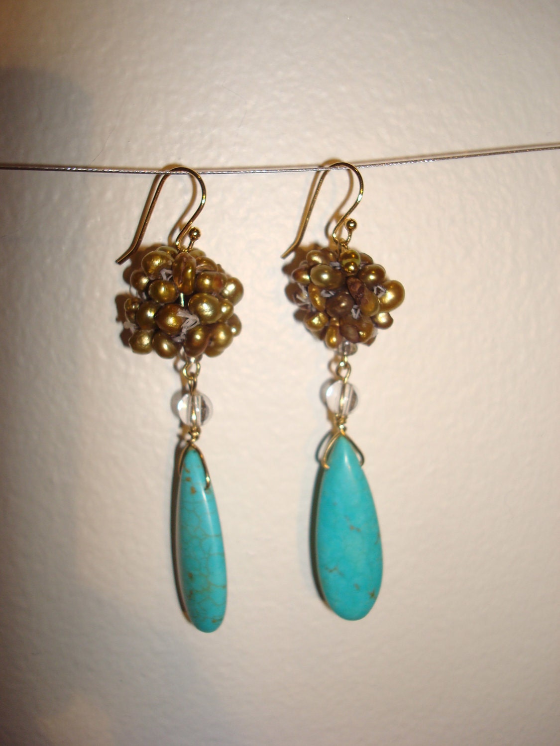 Pearl cluster and turquoise stone drop earrings