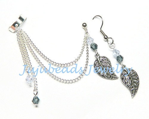 Windy Leaves on a Cloudy Day - Crystal Chain Ear Cuff