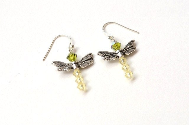 Swarovski Crystal Dragonfly Earrings - Green Vs Yellow
