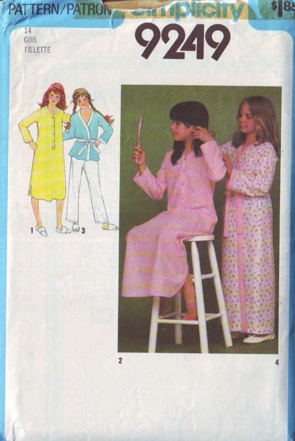simplicity 9249 vintage 70s nightgown, robe and pjs pattern, girls' size 14, bust 32 FREE SHIPPING to canada and usa