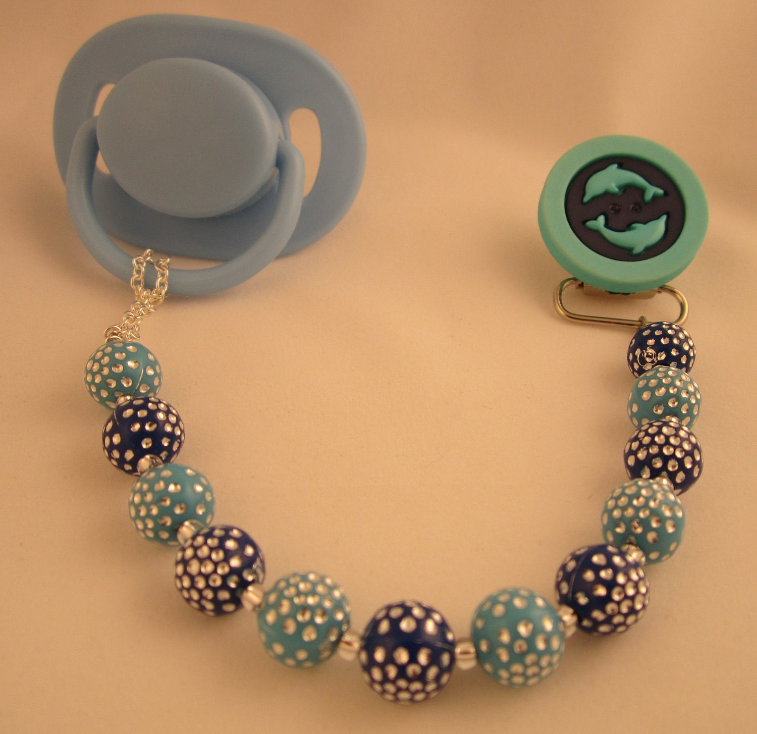 Blue Dolphins Pacifier clip with Matching Acrylic Beads