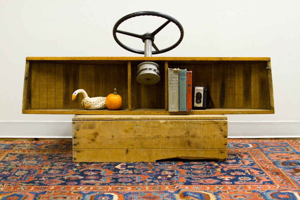 Circa 1940 Boat Wheel and Helm Wooden Shelf or Wall Hanging