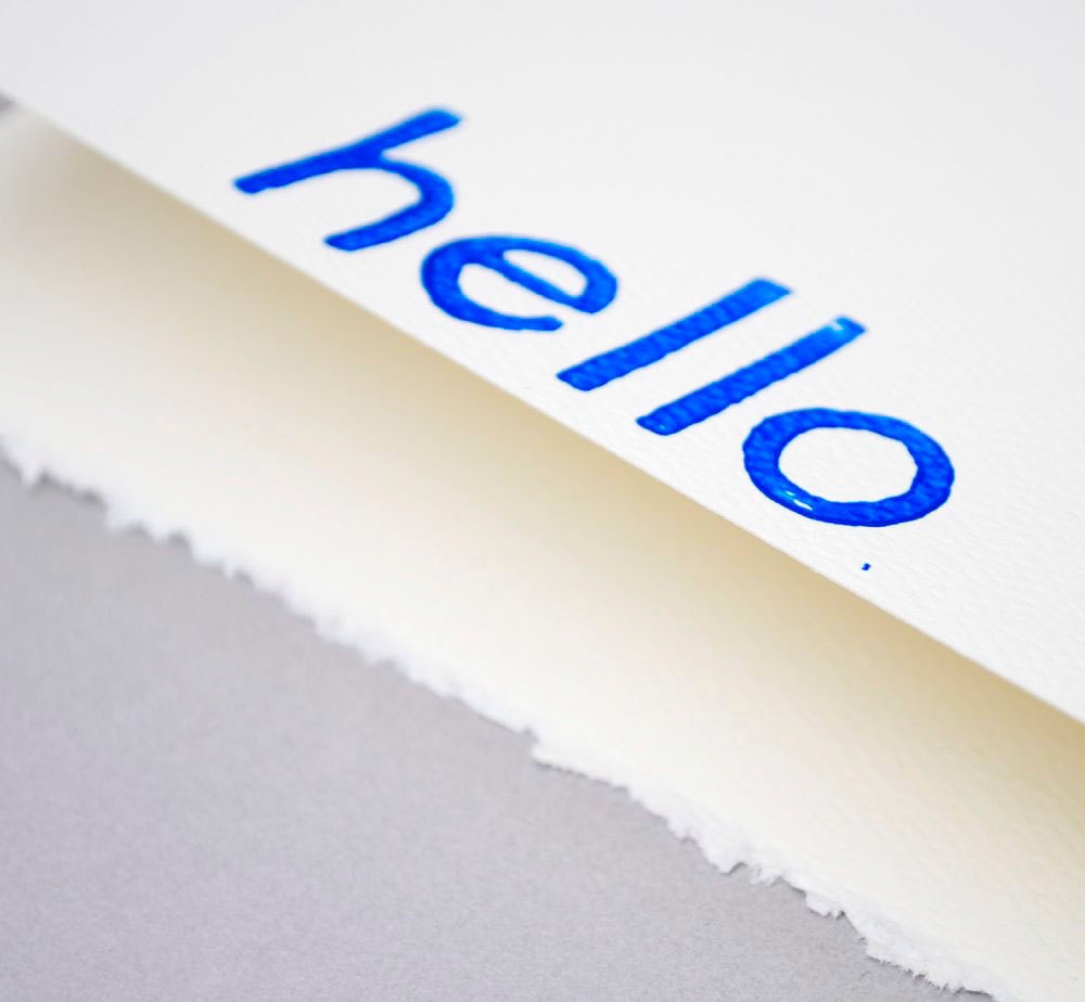 Sapphire Blue Blank Notecard - Hello Linocut Greeting Card - 5 x 7 inches - Helvetica Font Typography
