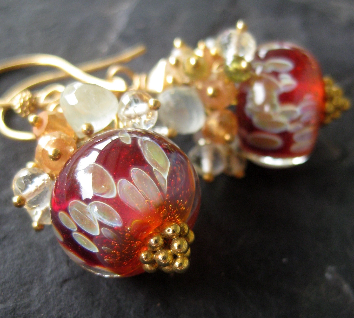 Boro lampwork bead earrings, prehnite, vesuvianite --Pompeii--