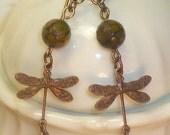 Dragonfly and agate antique brass Victorian earrings E005