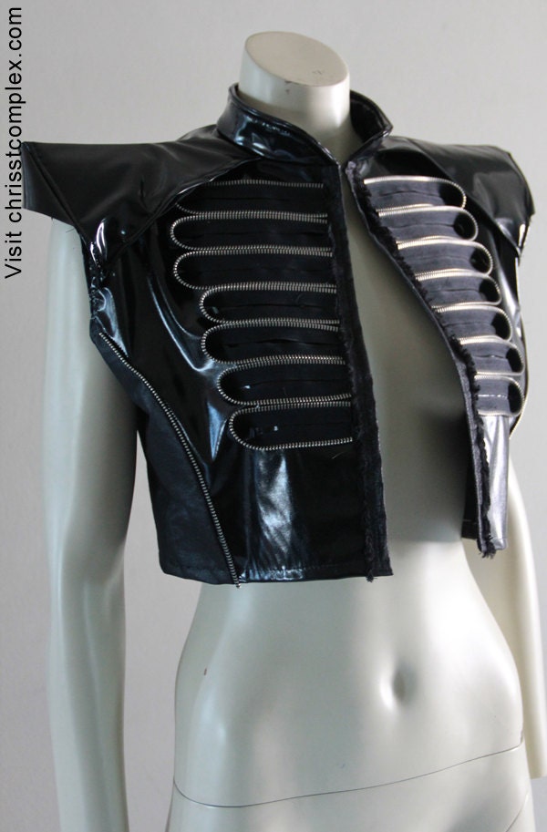 Jacket Cropped Military Steampunk PVC Black. Shinny, edgy and extremely glamorous Chrisst Jacket. Special Online Price.