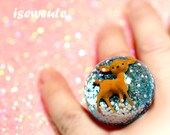 Adorable Fawn Baby Deer Ring a Resin Winter Wonderland - Small World Dome Ring with Sugar Snow & Glitter Handmade by isewcute