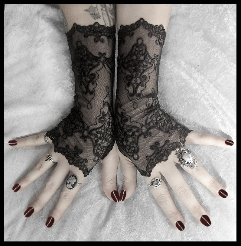 Arianna Long Lace Fingerless Gloves - Black Embroidered Damask - Gothic Vampire Wedding Fetish Dark Tribal Bellydance Burlesque Goth Bridal