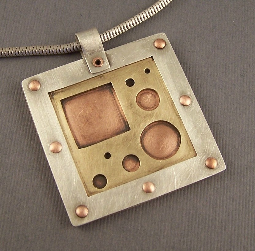 Sterling Silver, Brass and Copper Mixed Metal Mod Squares and Circles Pendant - lpjewelry